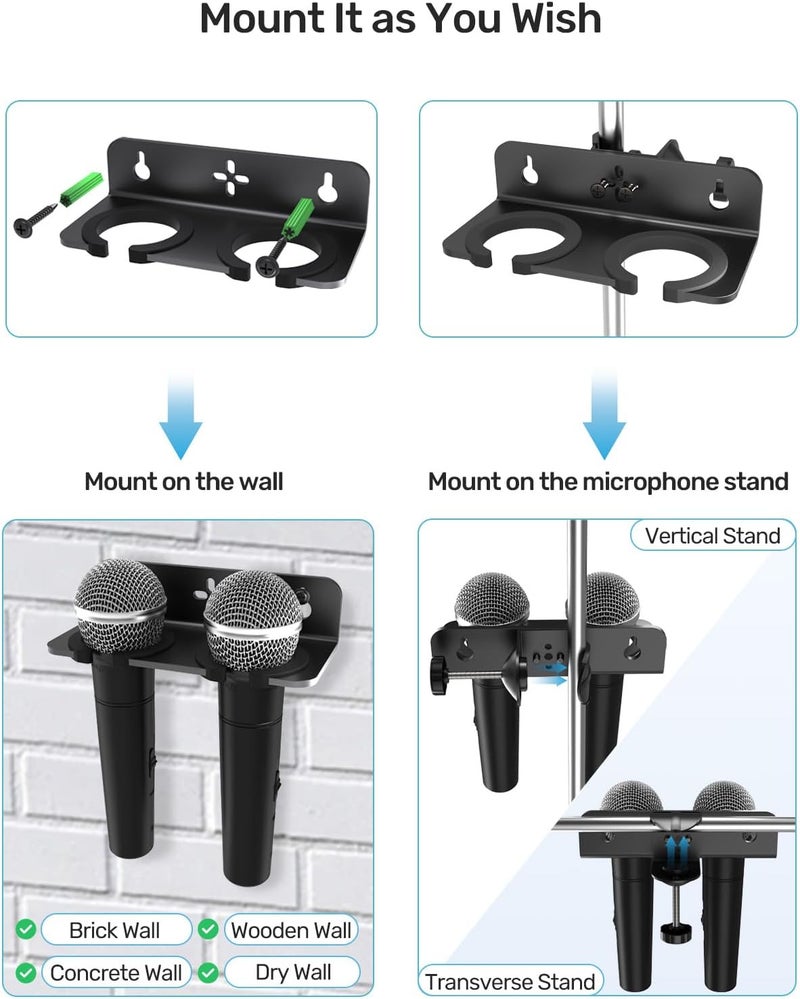 Etour Multi Microphone Holder with Clamp (Aluminum/Rubber), Mount on Mic Stand & Desk Edge & Wall, Hold Up to 2 Wired/Wireless Handheld Mics, Ideal for Church, Street Performance, Home Studio, Karaoke - Image 2